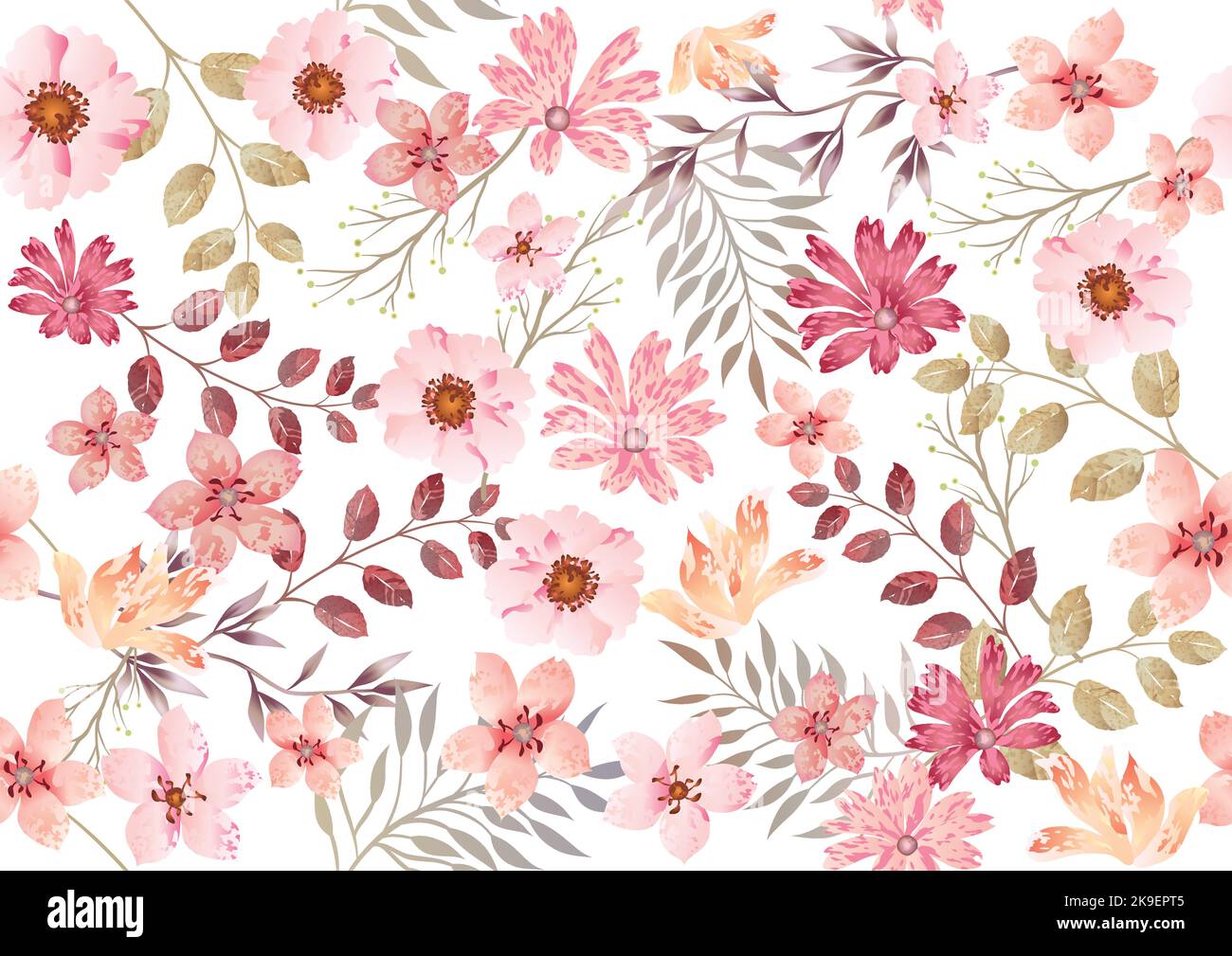 Watercolor seamless floral pattern, vector illustration. Horizontally and vertically repeatable. Stock Vector