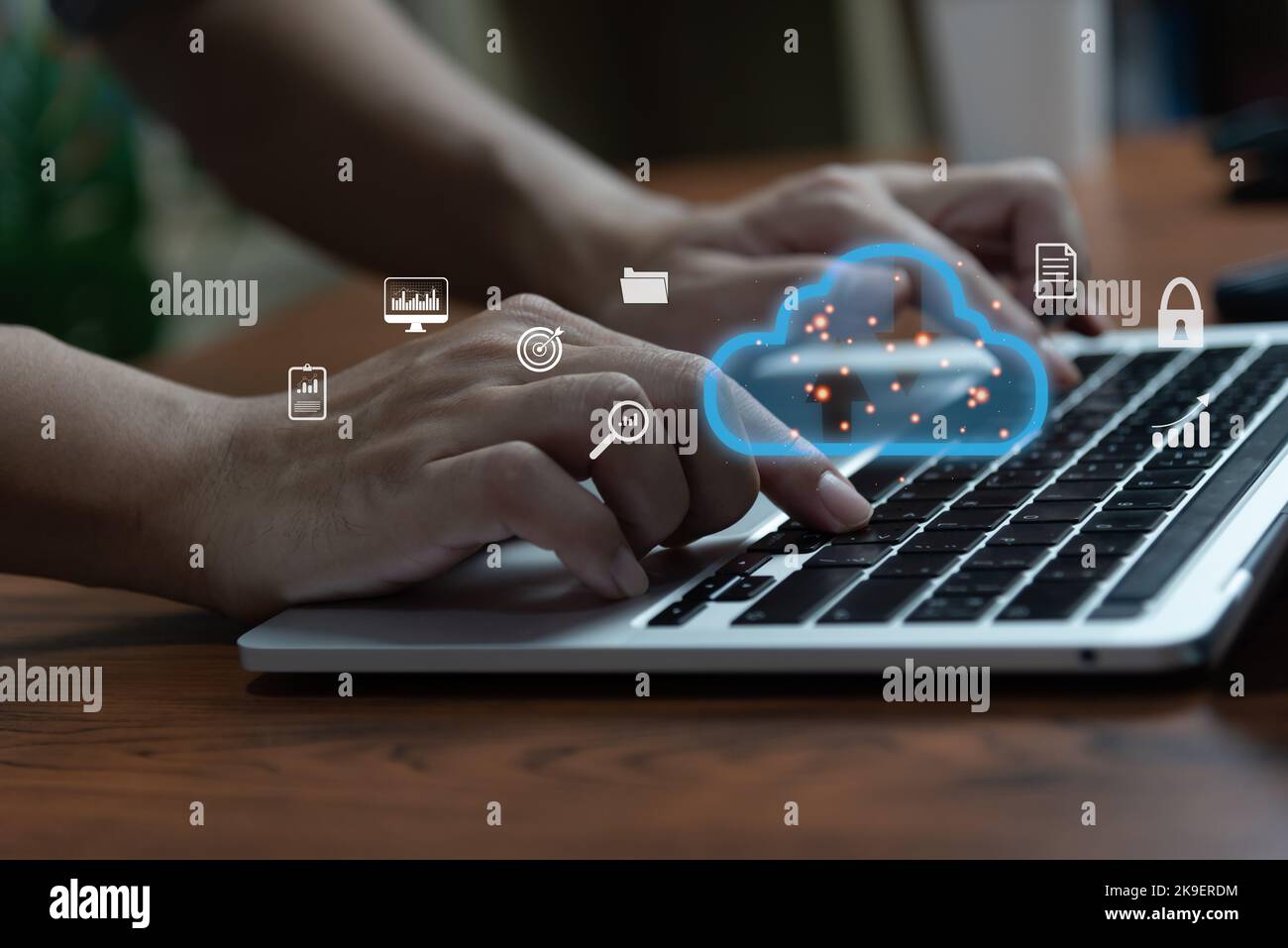 cloud computing digital Technology internet storage network big data system online.Hand using laptop virtual icon. Stock Photo
