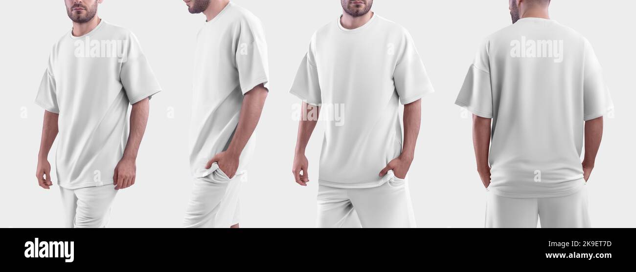 White  mockup oversize t-shirt on a man. Template isolated on white background. Set Stock Photo