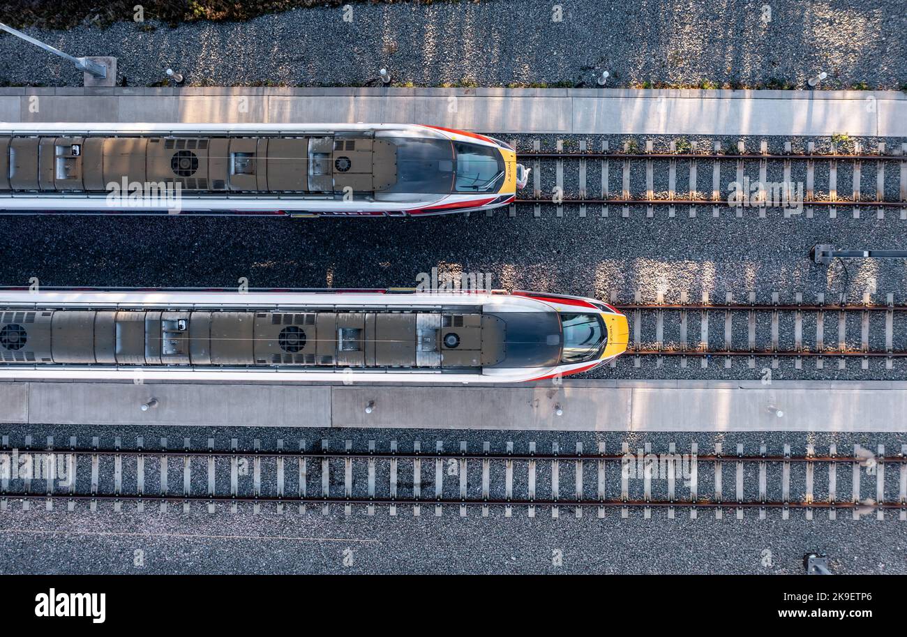 DONCASTER, UK - OCTOBER 13, 2022.  An aerial view of Hitach Azuma diesel electric fleet of high speed passenger trains at the LNER maintenance depot i Stock Photo