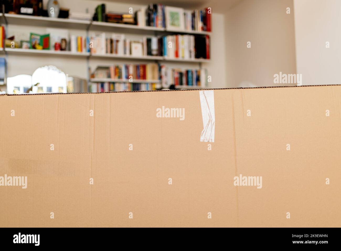 Large cardboard package in living room - shelves in background Stock Photo