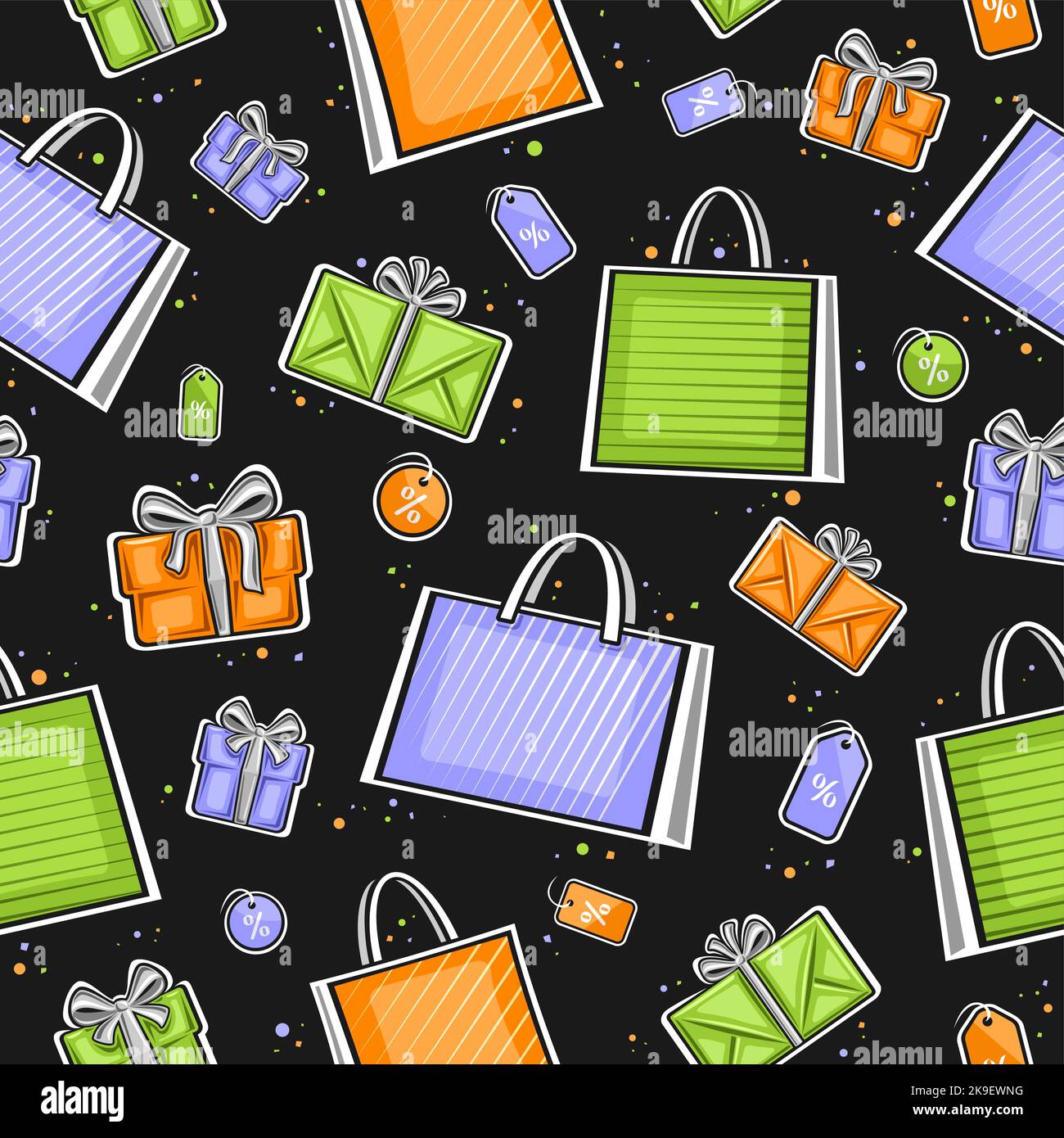 Vector Shopping seamless pattern, square repeating background with illustrations of blue paper bags, orange gift boxes and green decorative price tags Stock Vector