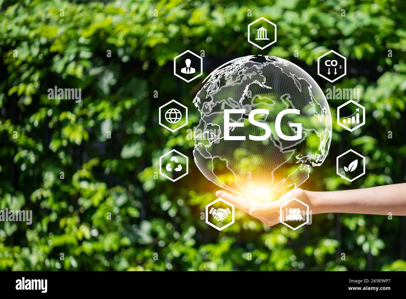 ESG icon concept in the hand for environmental, social, and governance in sustainable and ethical business on the Network connection on a green backgr Stock Photo