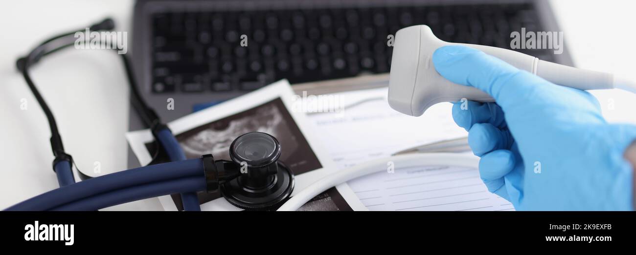 Medical equipment in clinic, modern ultrasound machine, scanners and
