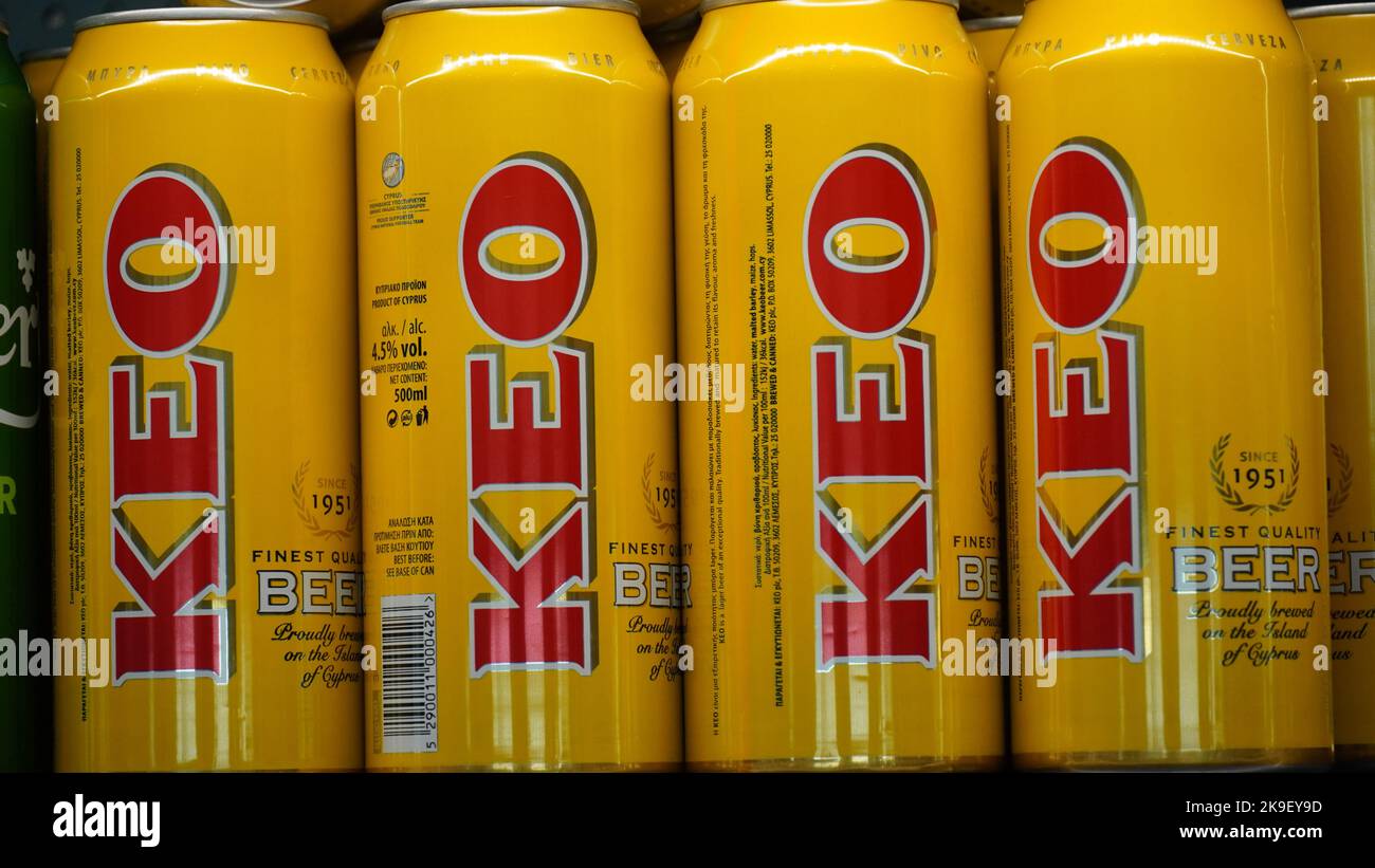 Limassol, Cyprus October 10, ‎2022 Cans of KEO, a Cypriot Pilsner