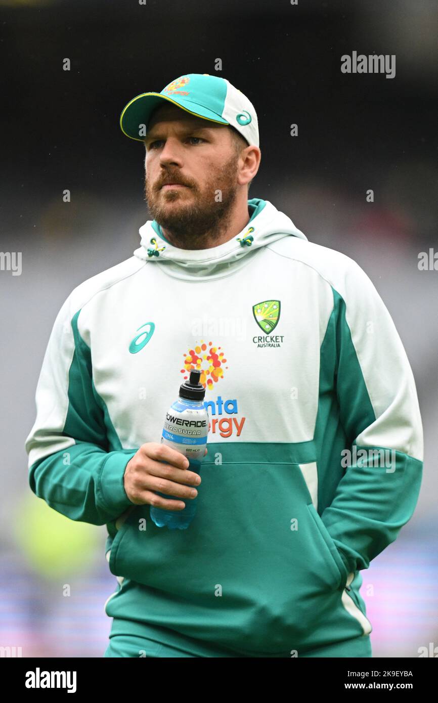Australia's Aaron Finch prior to the T20 World Cup Super 12 match at Melbourne Cricket Ground in Melbourne, Australia. Picture date: Friday October 28, 2022. Stock Photo