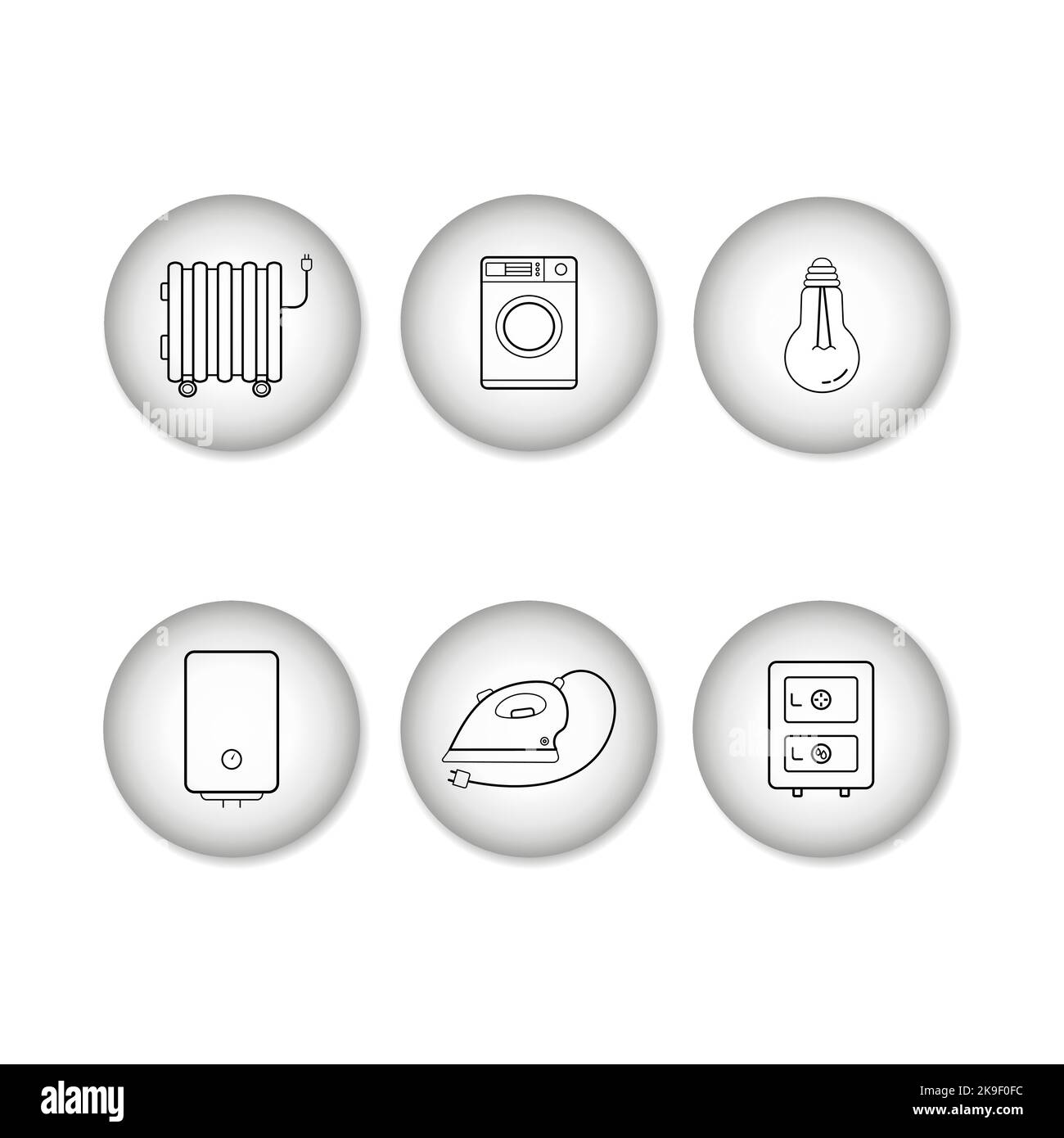 Linear icons of electrical appliances on round backgrounds with 3D effect. Vector icons isolated on white. Stock Vector
