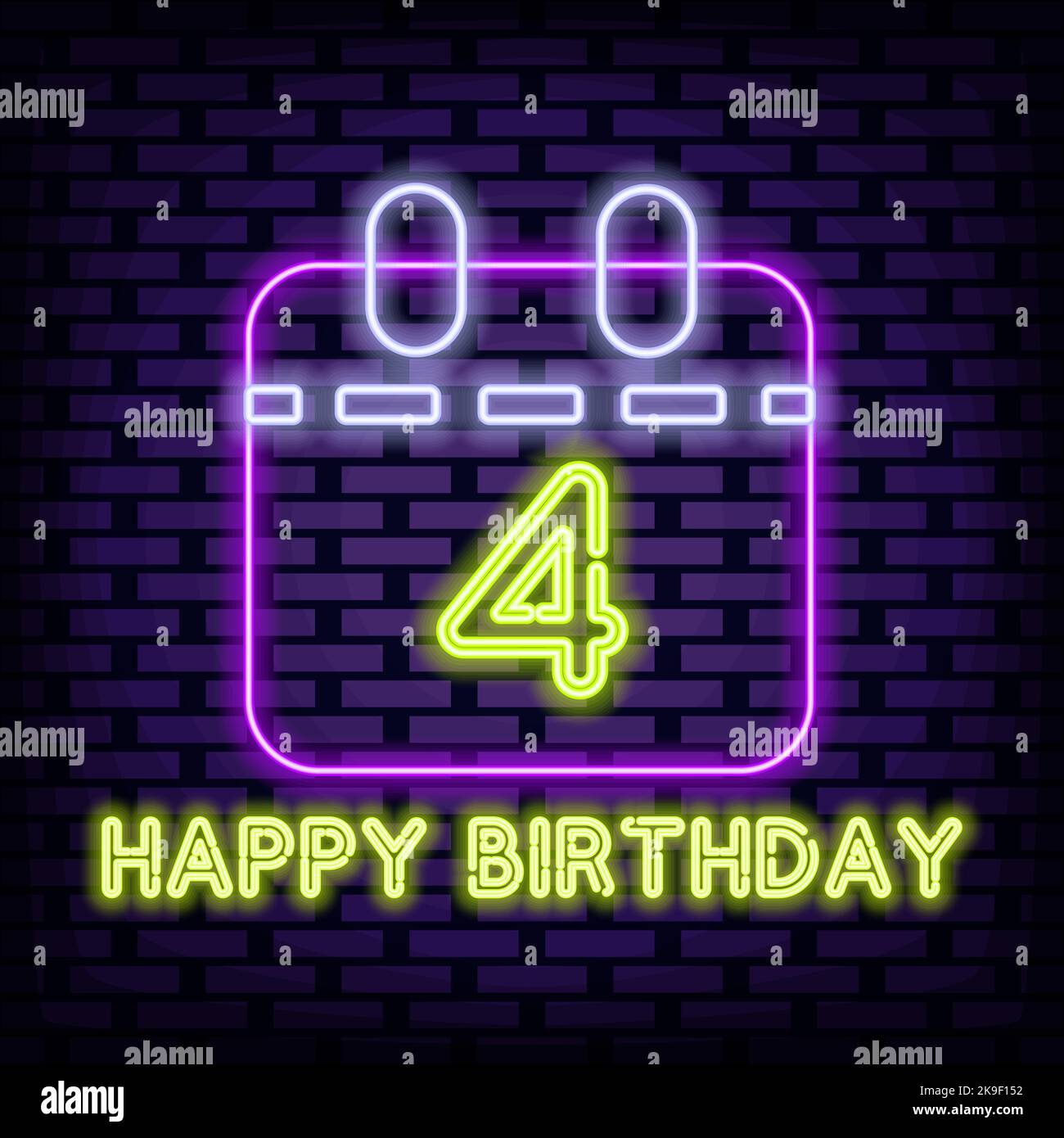 Happy 4th Birthday Badge in neon style. Bright signboard. Announcement ...