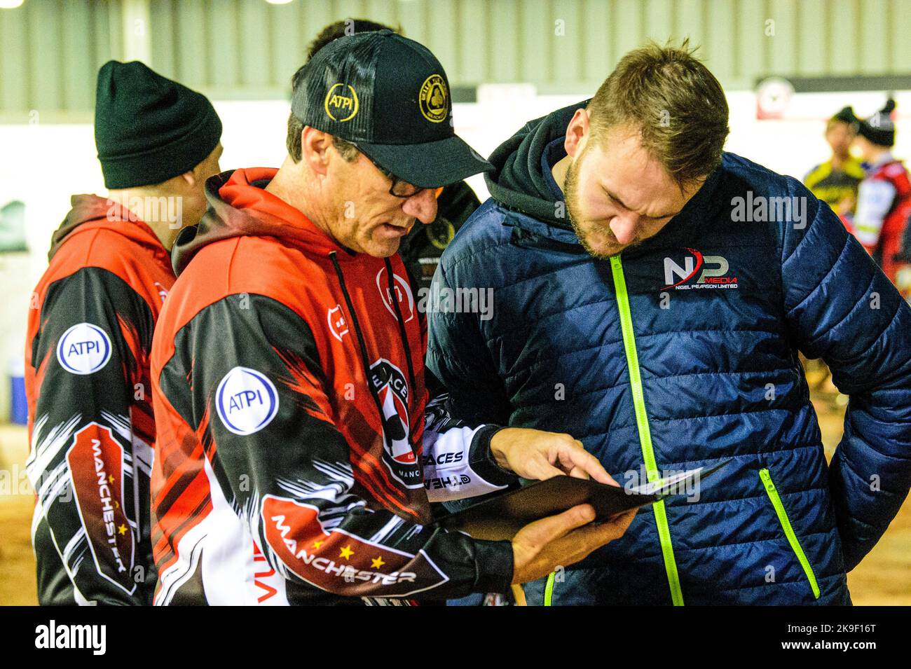 Manchester, UK. 24th Oct, 2022. Mark Lemon chats with BSP Media officer Joe Appleton during the Grant Henderson Pairs at the National Speedway Stadium, Manchester on Thursday 27th October 2022. (Credit: Ian Charles | MI NEWS) Credit: MI News & Sport /Alamy Live News Stock Photo