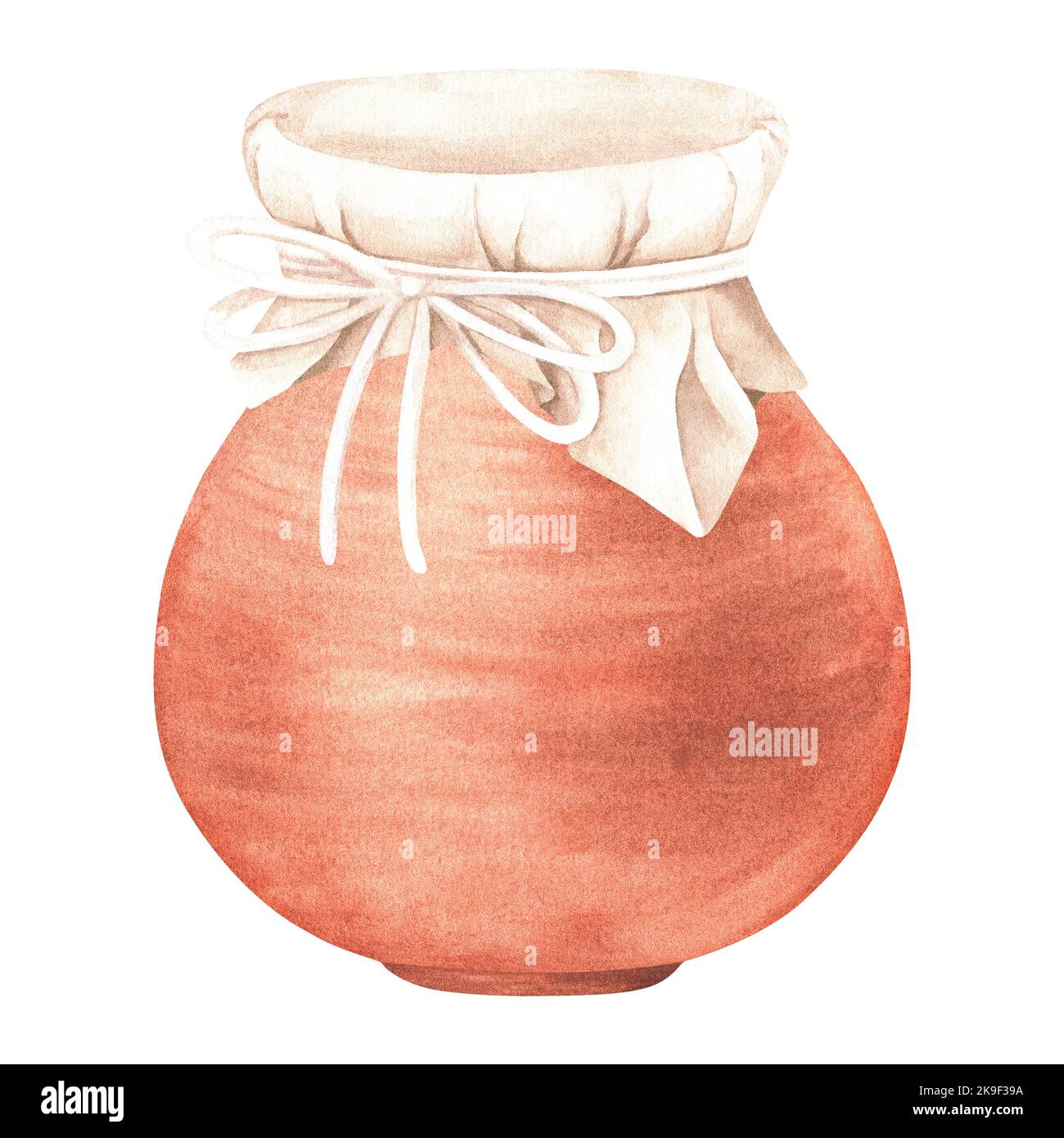 Clay jug covered with a cloth and tied with a rope. Watercolor