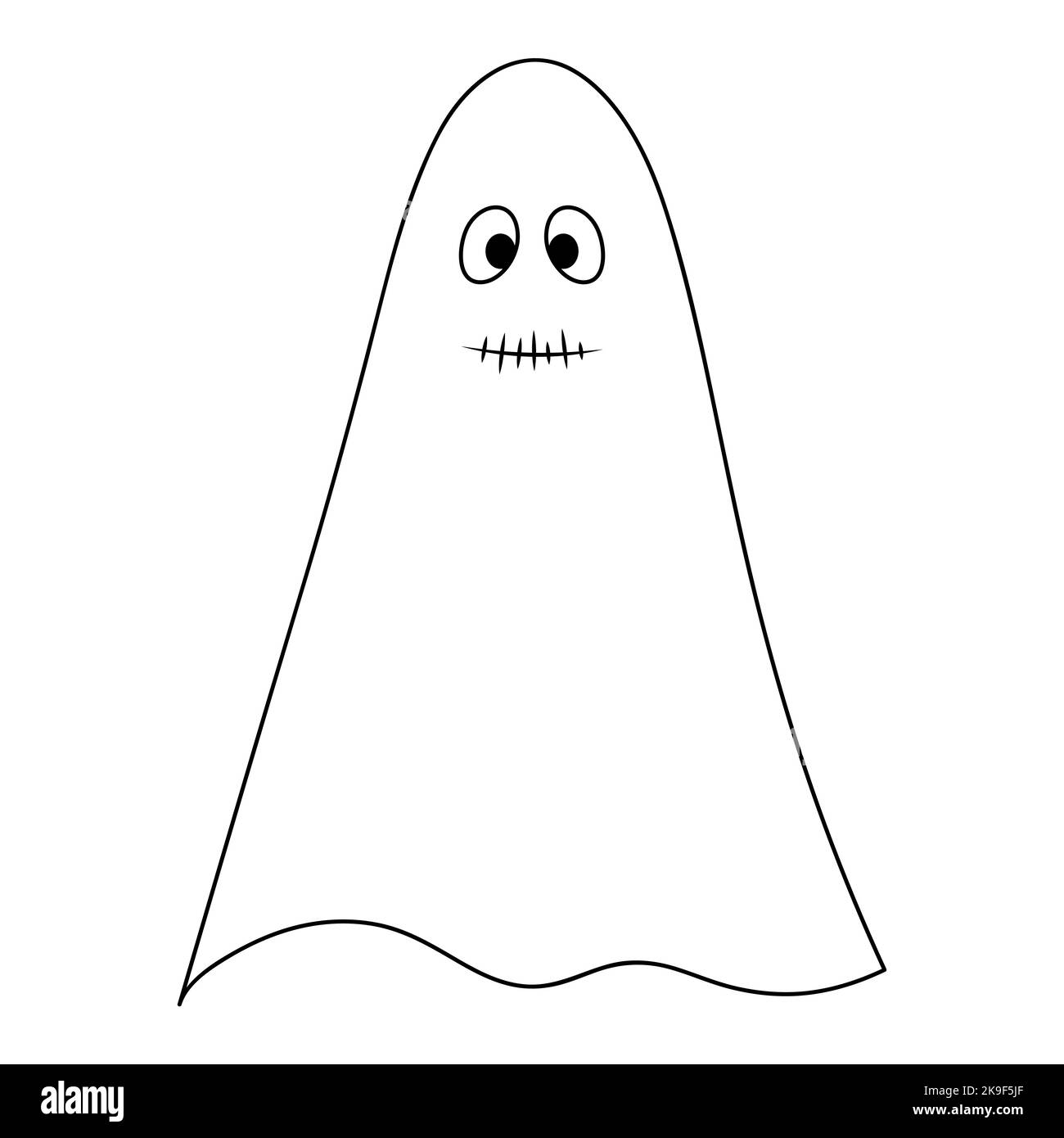Silent Ghost. Sketch. Spirit with a sewn mouth. Vector illustration. Doodle style. Coloring book for children. Casting. Outline on isolated background Stock Vector