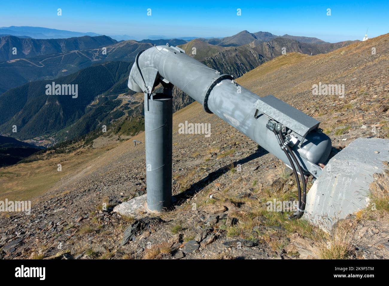 Cannon used to prevent big avalanches.Arinsal.Andorra Stock Photo