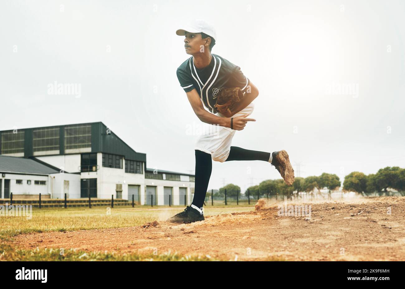 Sports, baseball and pitcher throw on baseball field at training game