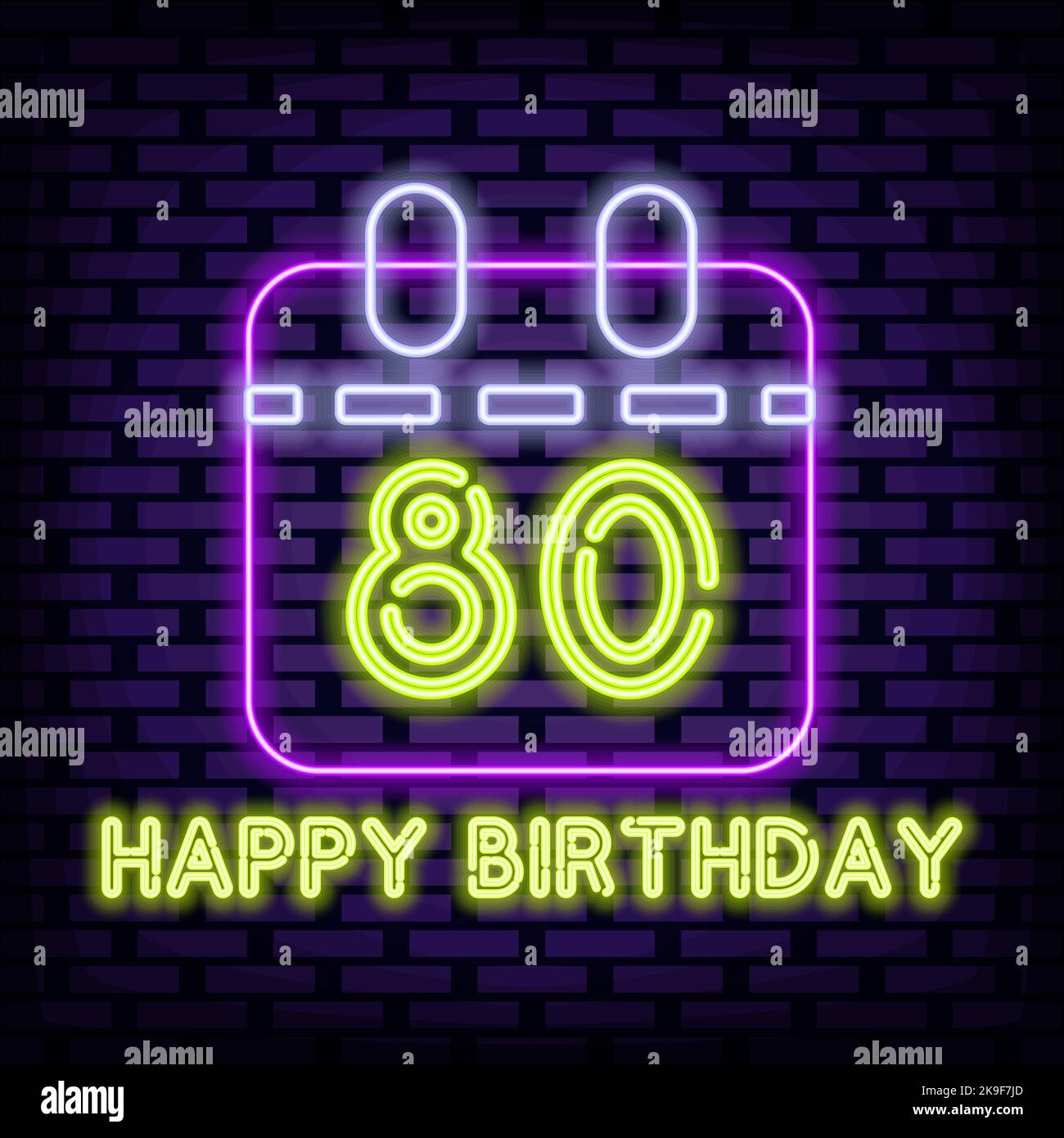 80th Happy Birthday 80 Year old Neon Sign Vector. On brick wall