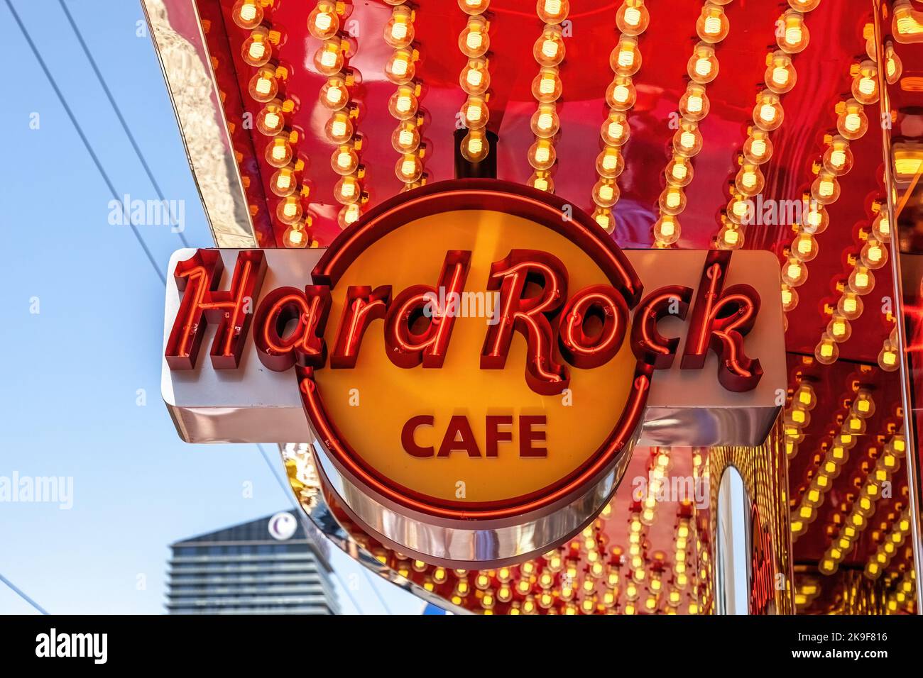Las Vegas, USA - 24 April 2012: Close up of the iconic sign for the Hard Rock Cafe on the Strip, Las Vegas. An American themed restaurant and live roc Stock Photo