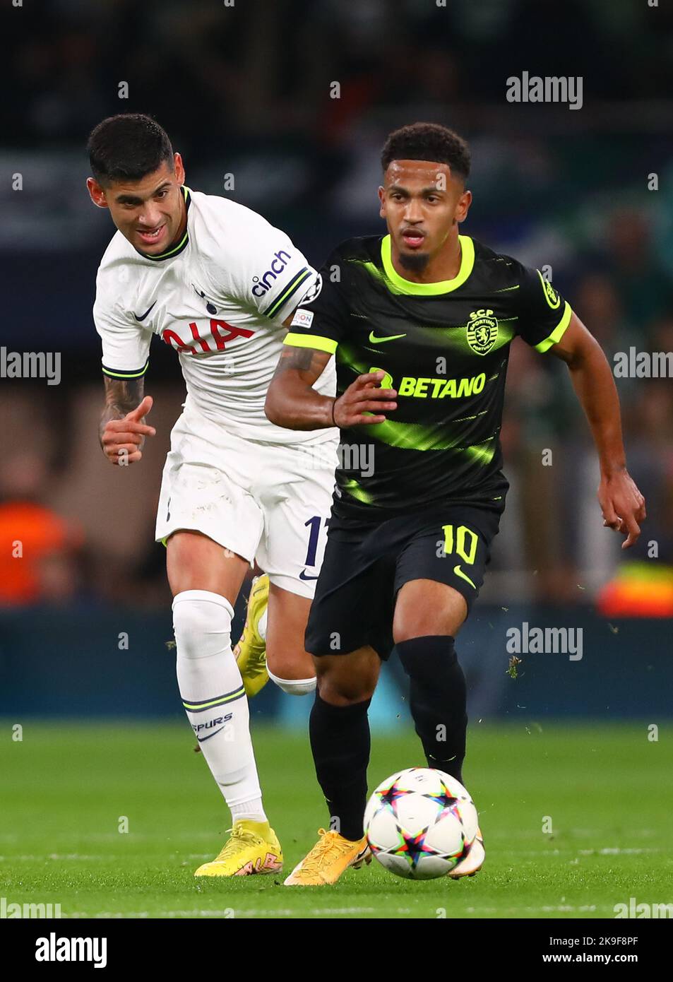 Marcus Edwards of Sporting CP and Cristian Romero of Tottenham Hotspur