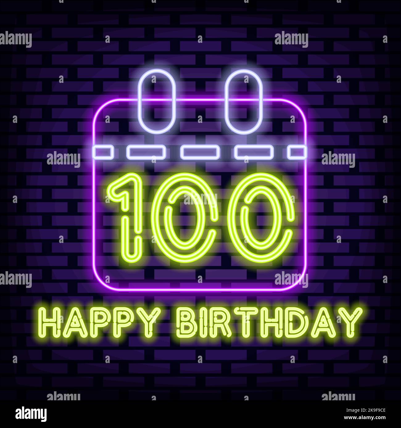100th Happy Birthday 100 Year old Neon sign. Bright signboard. Light
