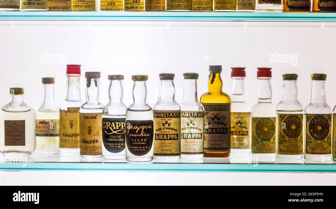 Bassano del Grappa, Italy August 3, 2009 old Grappa bottles in a