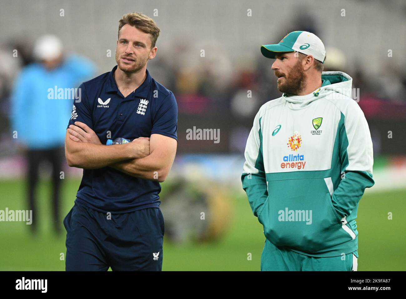 England's Jos Buttler (left) and Australia's Aaron Finch ahead of the T20 World Cup Super 12 match at Melbourne Cricket Ground in Melbourne, Australia. Picture date: Friday October 28, 2022. Stock Photo