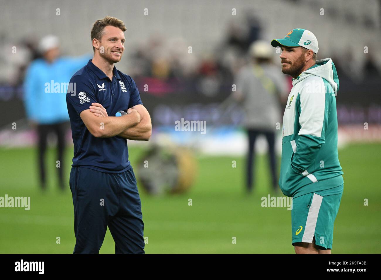 England's Jos Buttler (left) and Australia's Aaron Finch ahead of the T20 World Cup Super 12 match at Melbourne Cricket Ground in Melbourne, Australia. Picture date: Friday October 28, 2022. Stock Photo