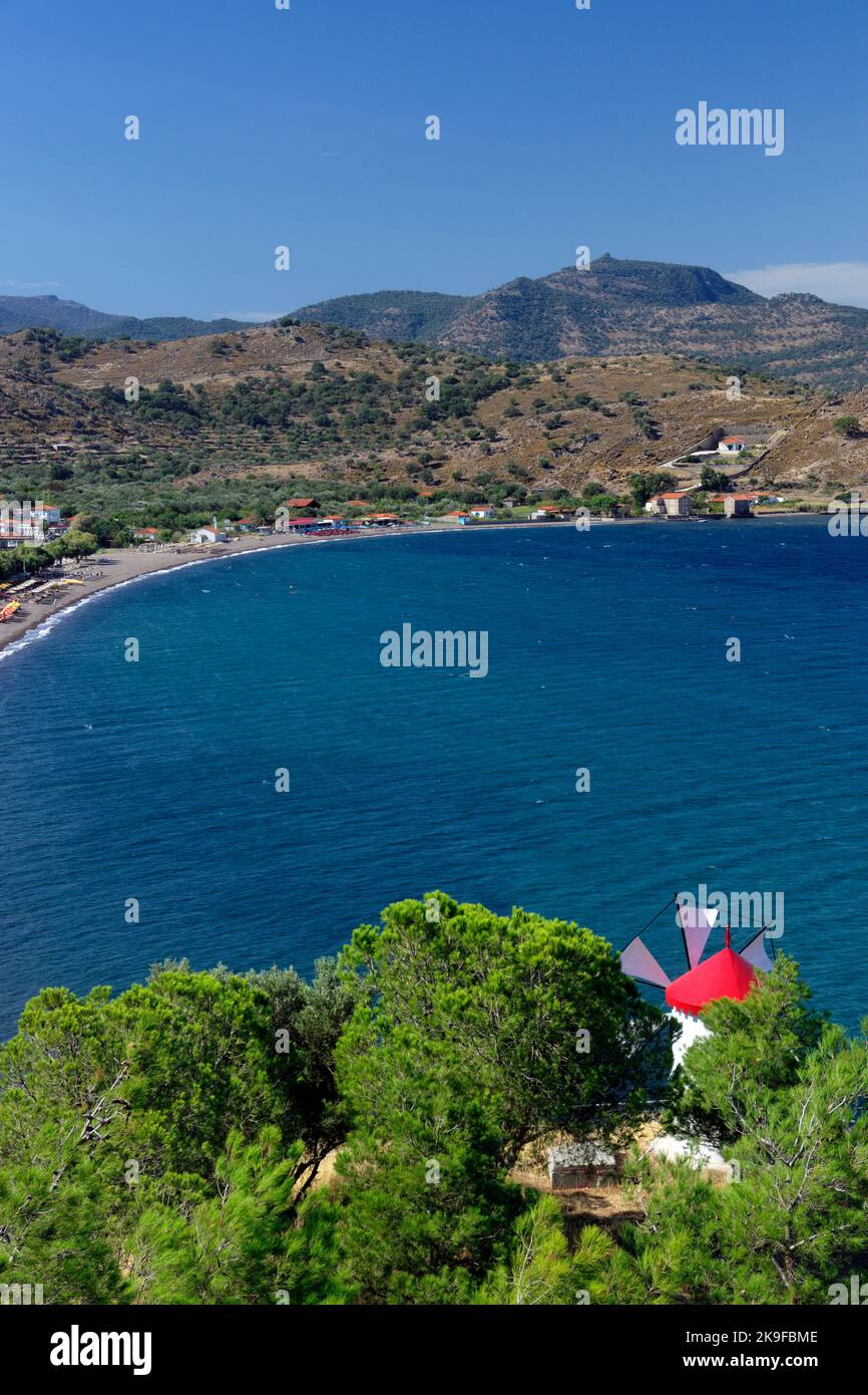View of Anaxos from Anaxos Hill, Lesbos, Northern Aegean Islands, Greece. Stock Photo
