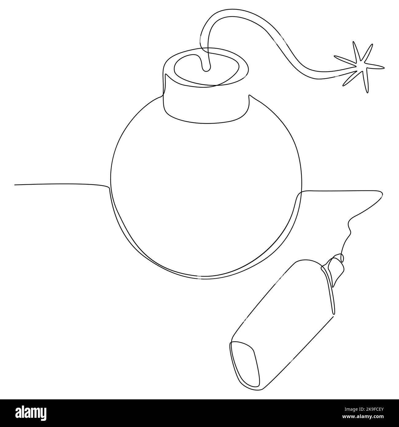 One continuous line of Bomb word written with a pencil. Thin Line