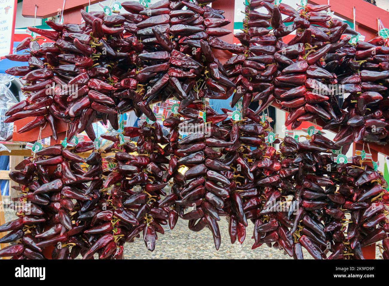 Dried red hot peppers in bunches at the annual Espelette pepper