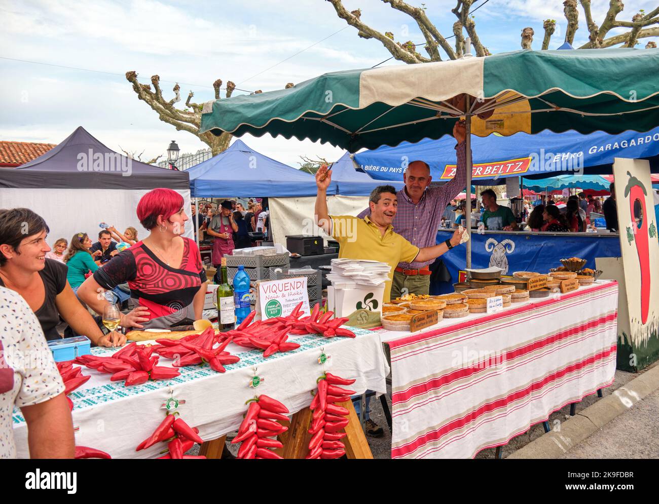 Farmer's counter at the market of the Espelette pepper festival 2019 in Basque Country, France Stock Photo