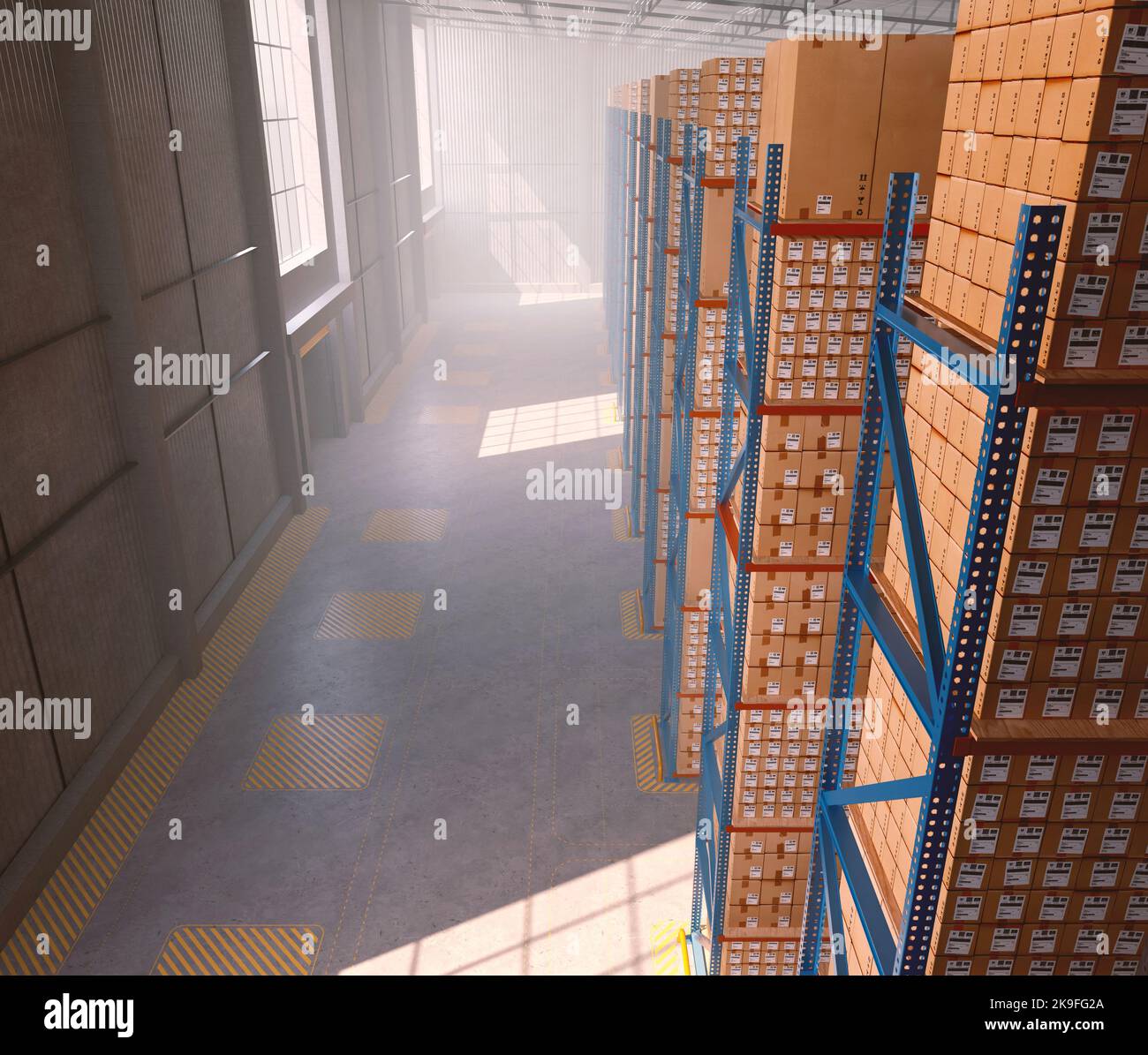Interior of an empty modern logistic warehouse storage facility with packed shelving in the daytime - 3D render Stock Photo