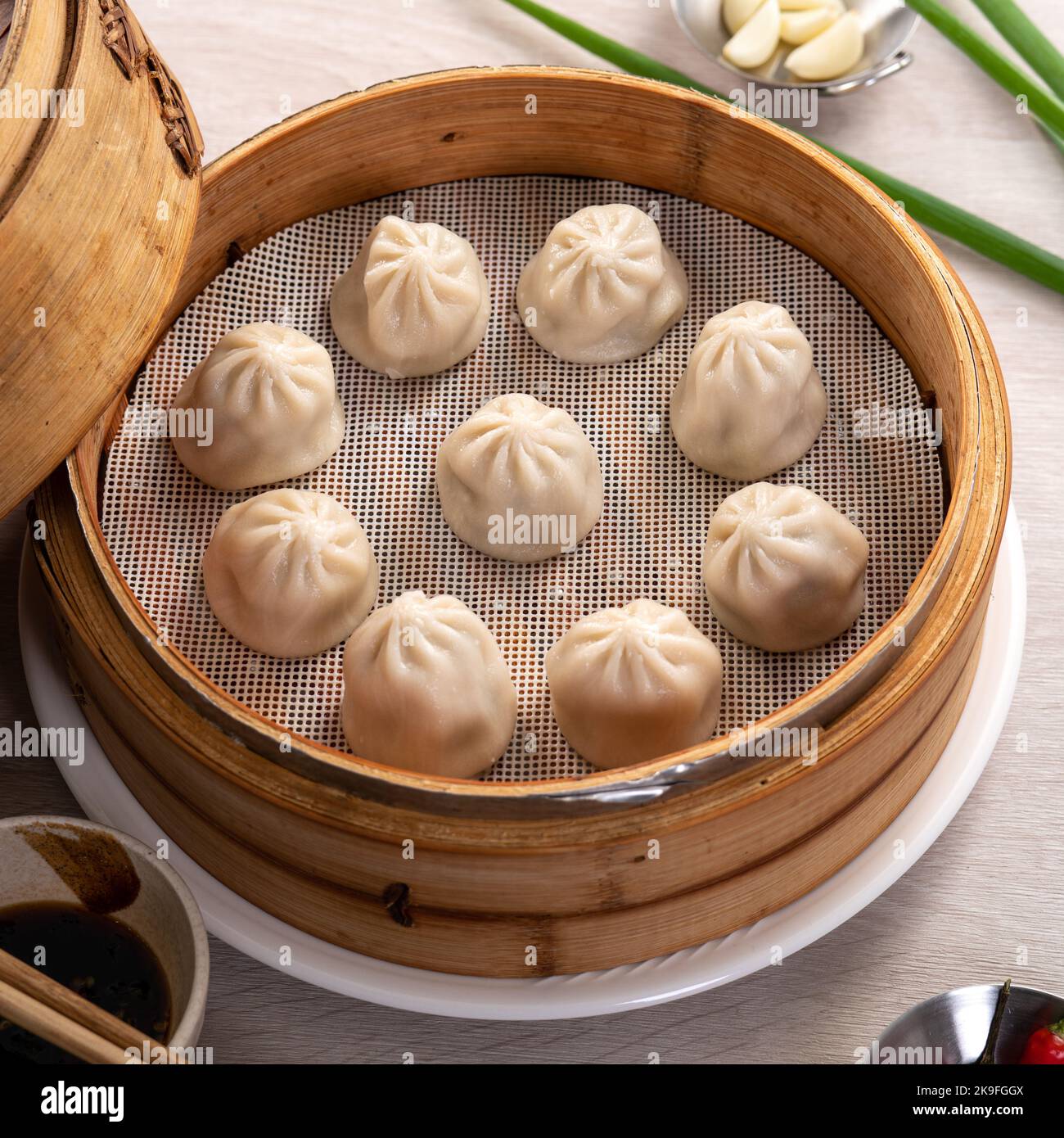 Steamed pork soup dumplings named Xiao long bao in Taiwan, Taiwanese famous gourmet Stock Photo