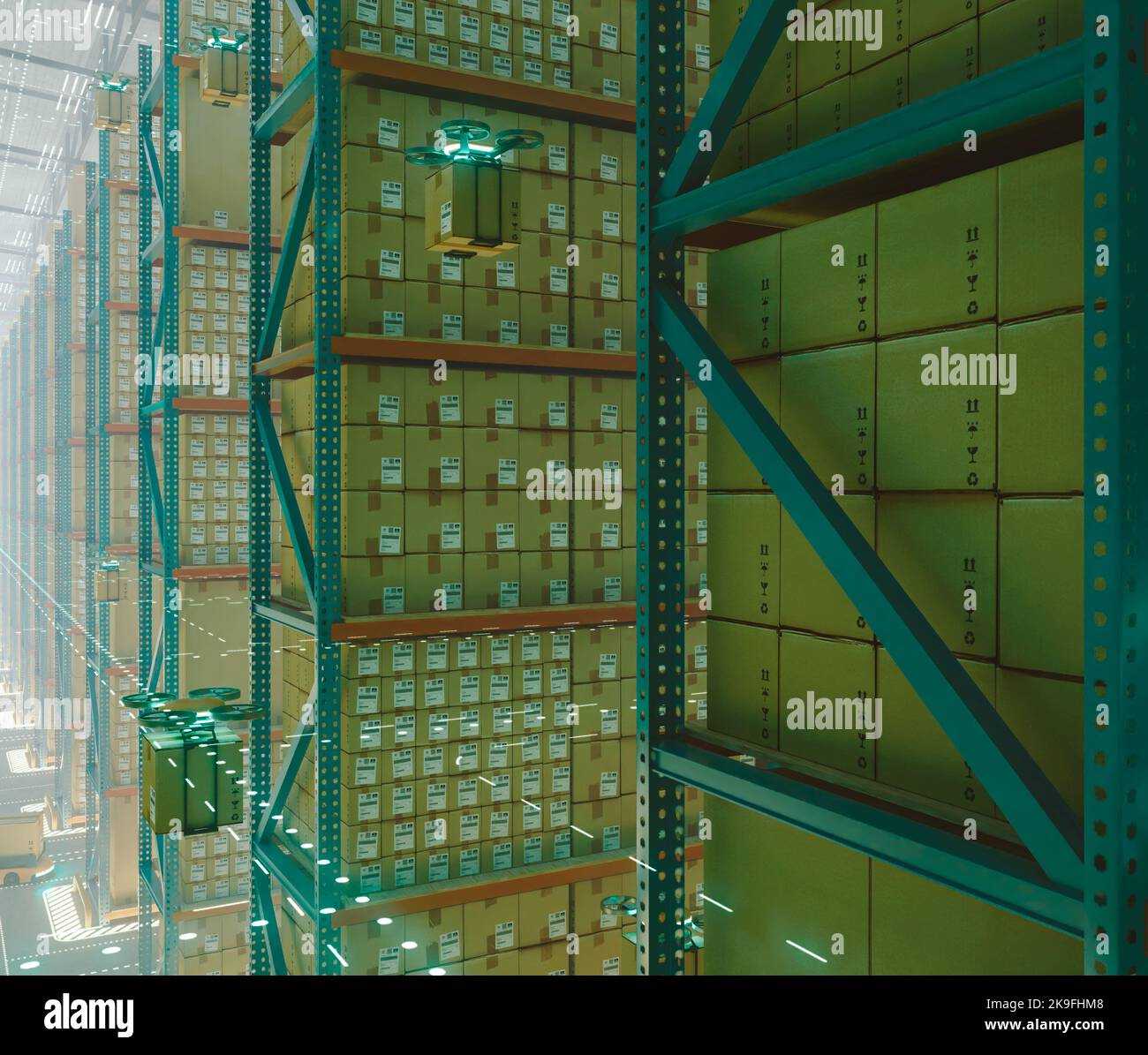 A concept of a futuristic logistic warehouse storage facility with