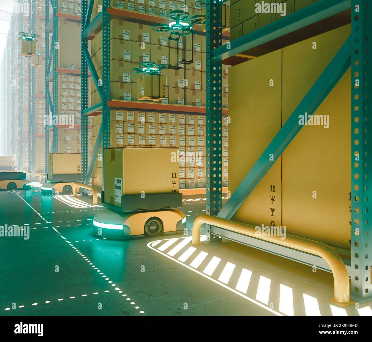 A concept of a futuristic logistic warehouse storage facility with