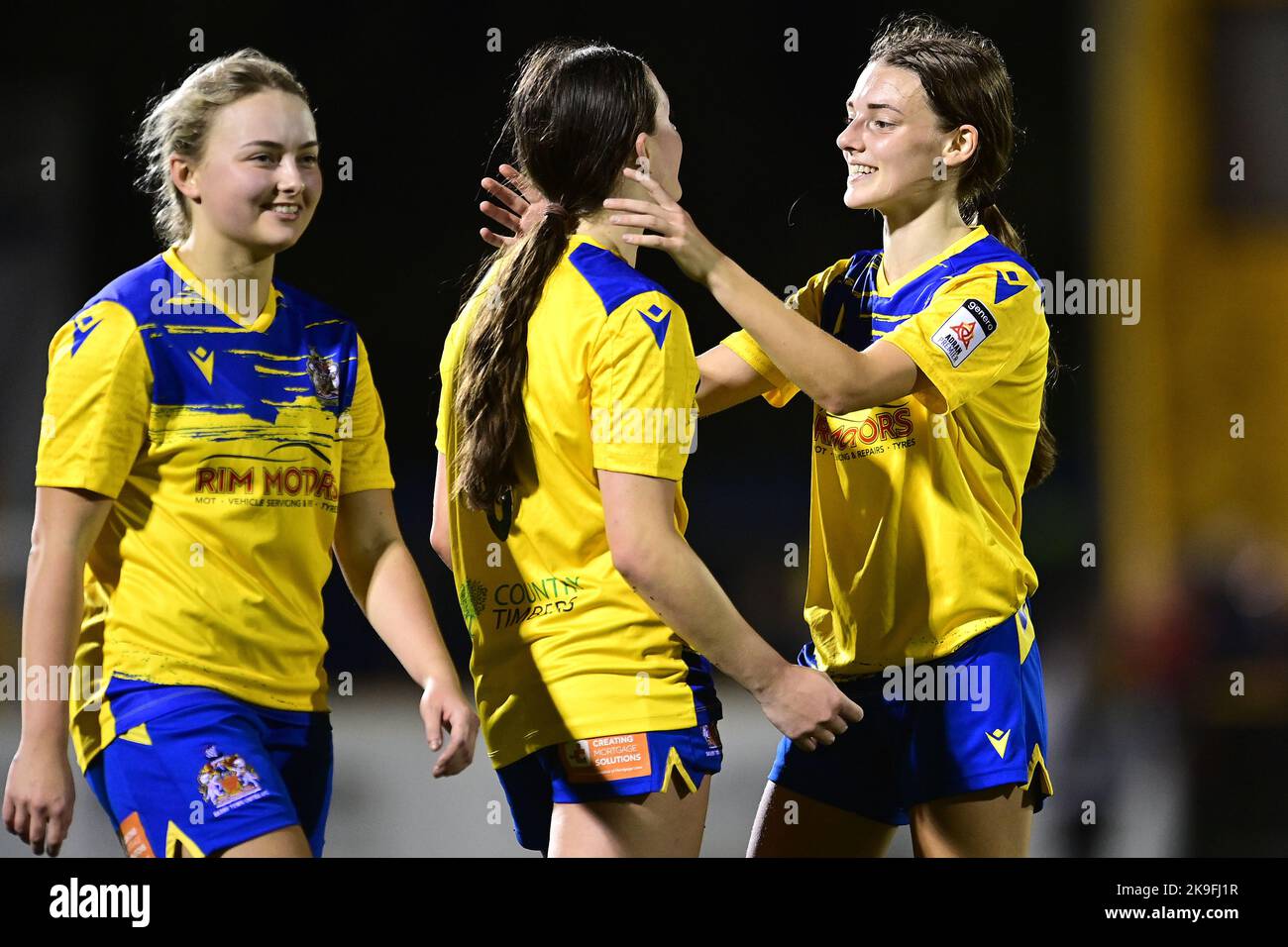 Barry, Wales. 27th Oct, 2022. Holly Jenkins, Mackenzie Olden and Anna Houghton of Barry Town Utd Women  - Mandatory by-line: Ashley Crowden  - 27/10/2022 - FOOTBALL - Jenner Park Stadium - Barry, Wales - Barry Town United Women vs Aberystwyth Town Women’s FC - Genero Adran Premier Phase 1 22/23 Credit: Ashley Crowden/Alamy Live News Stock Photo