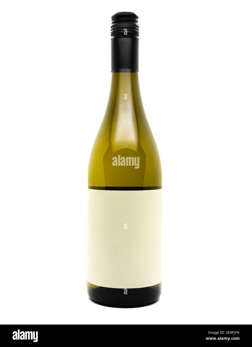 White wine bottle mockup with blank labels, isolated on white background. Stock Photo