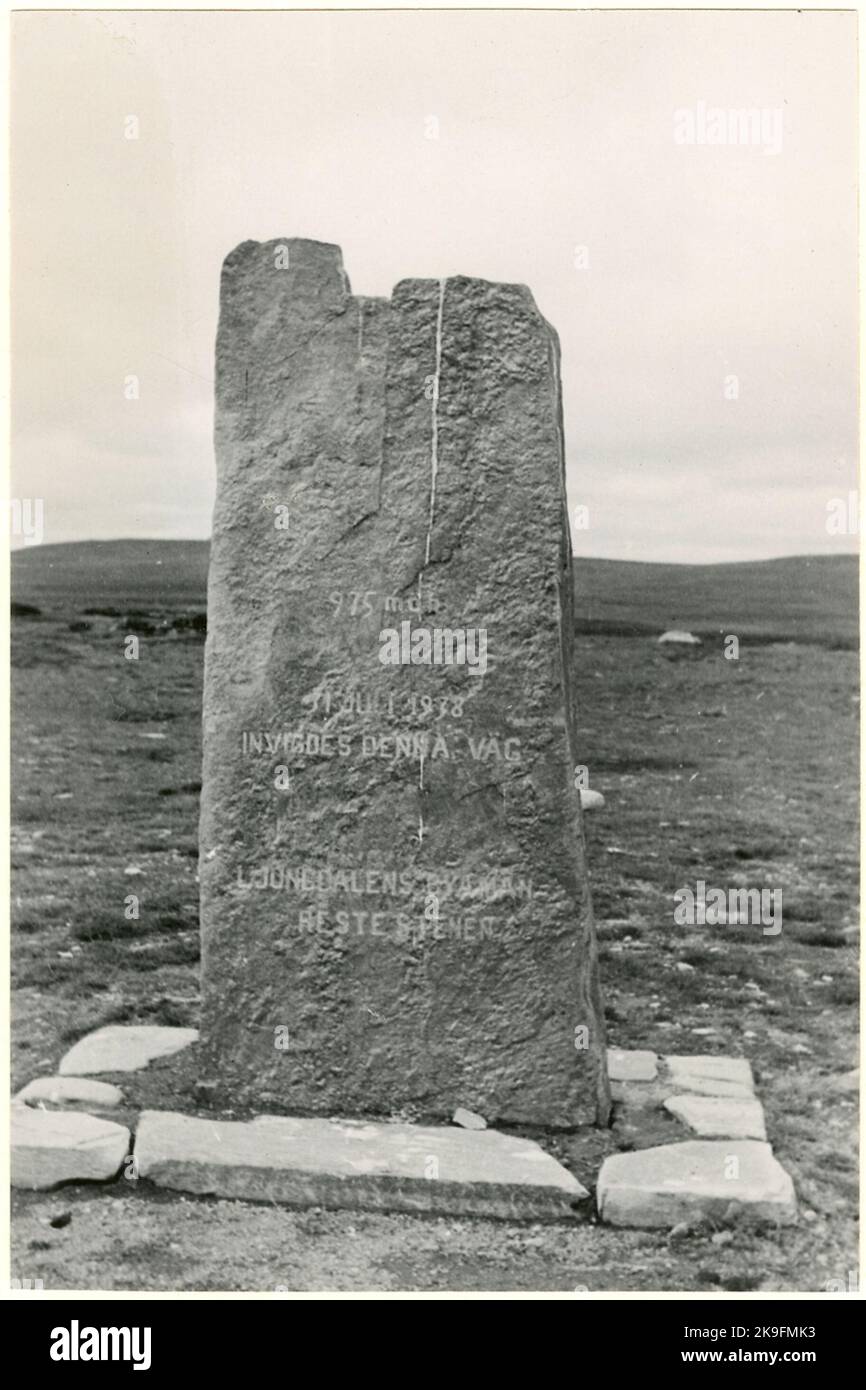 Memorial stone for road inauguration, Ljungdalen. Stock Photo