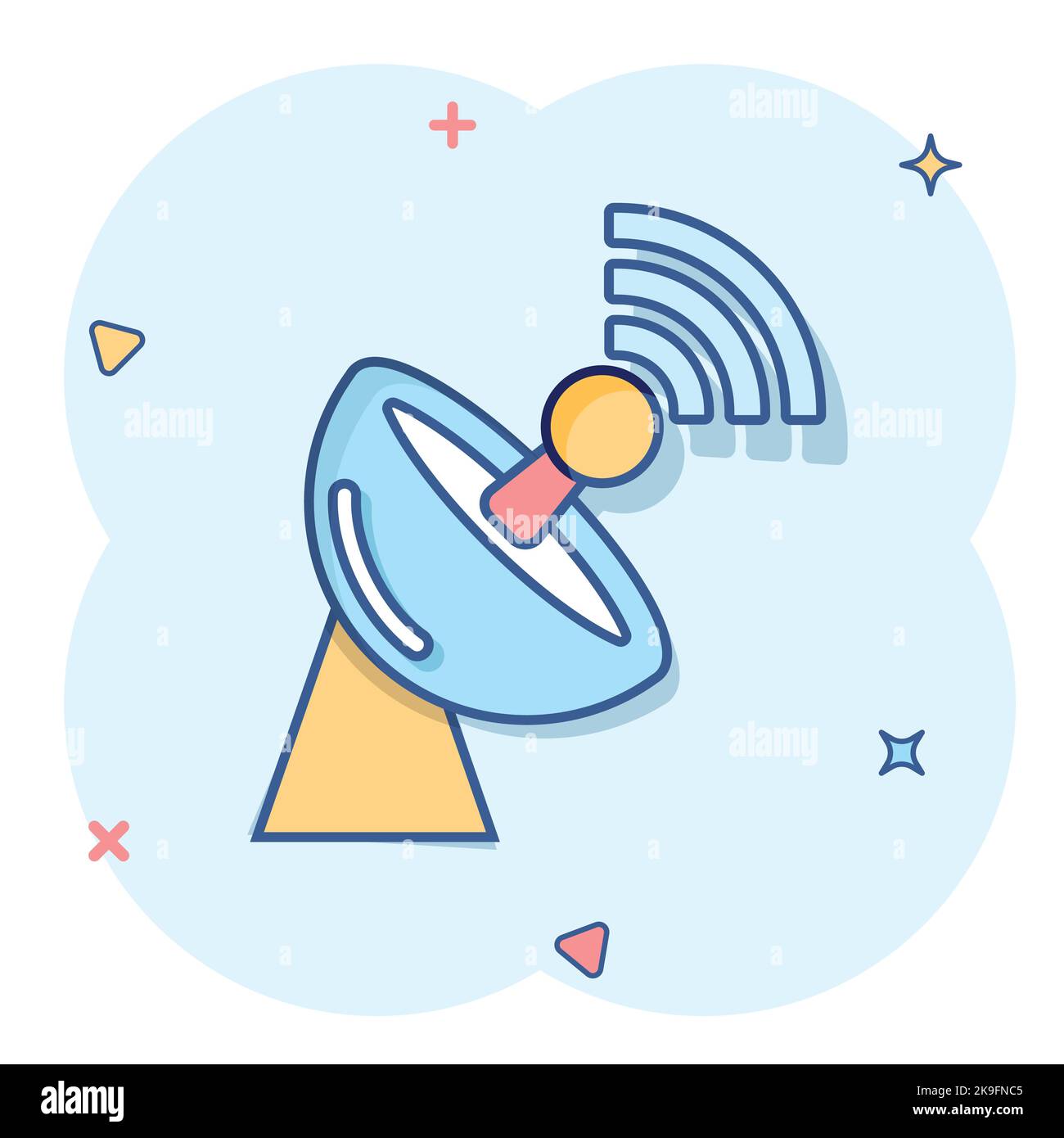 Satellite antenna tower icon in comic style. Broadcasting cartoon