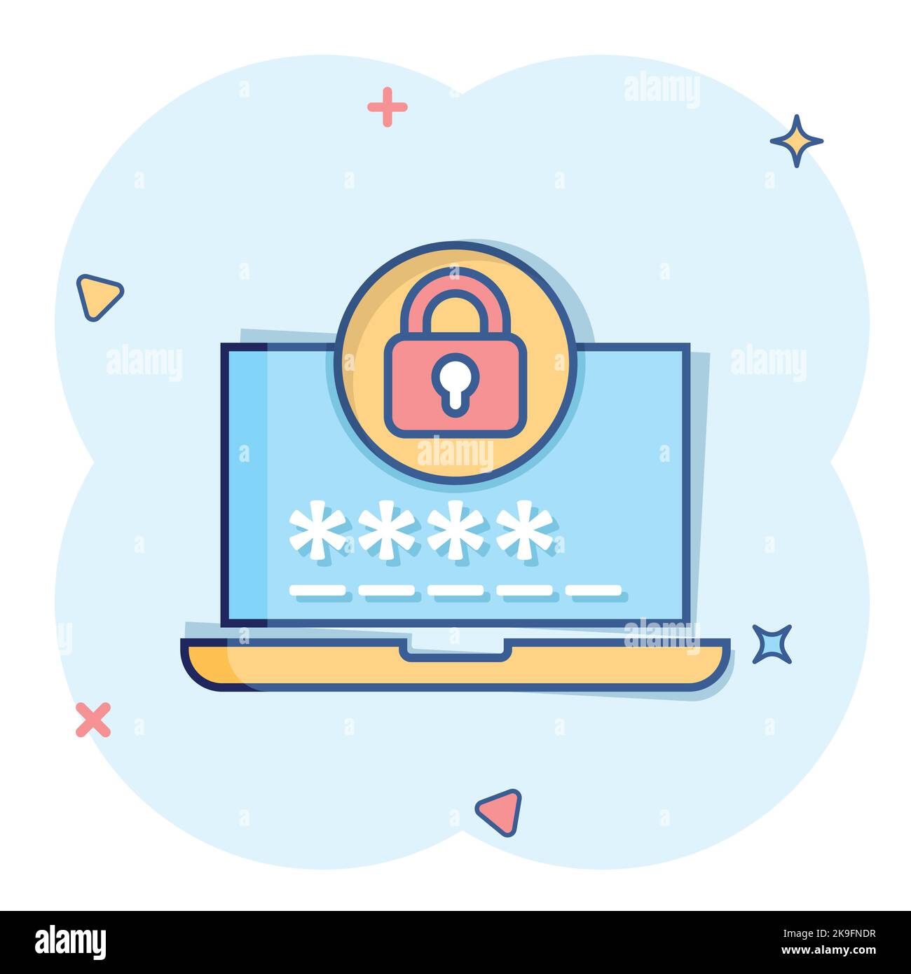 Laptop with password icon in comic style. Computer access cartoon ...