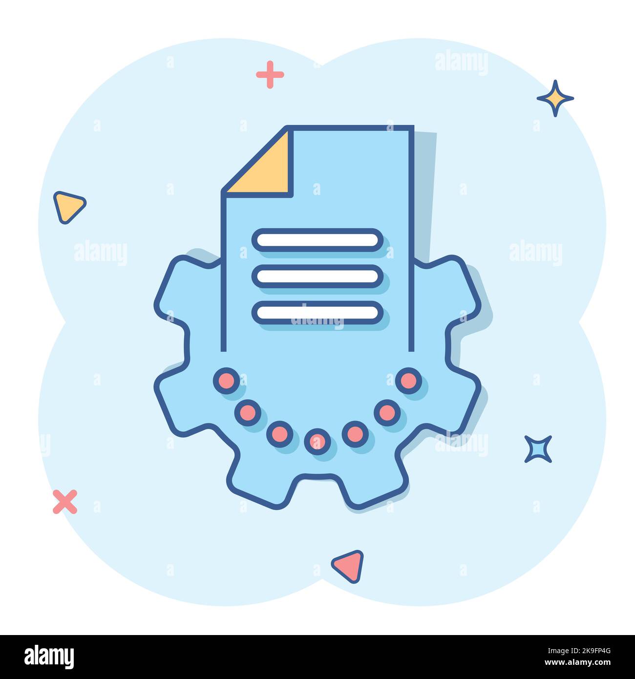 Document with gear icon in comic style. Big data processing cartoon vector illustration on white isolated background. Paper sheet software  splash eff Stock Vector