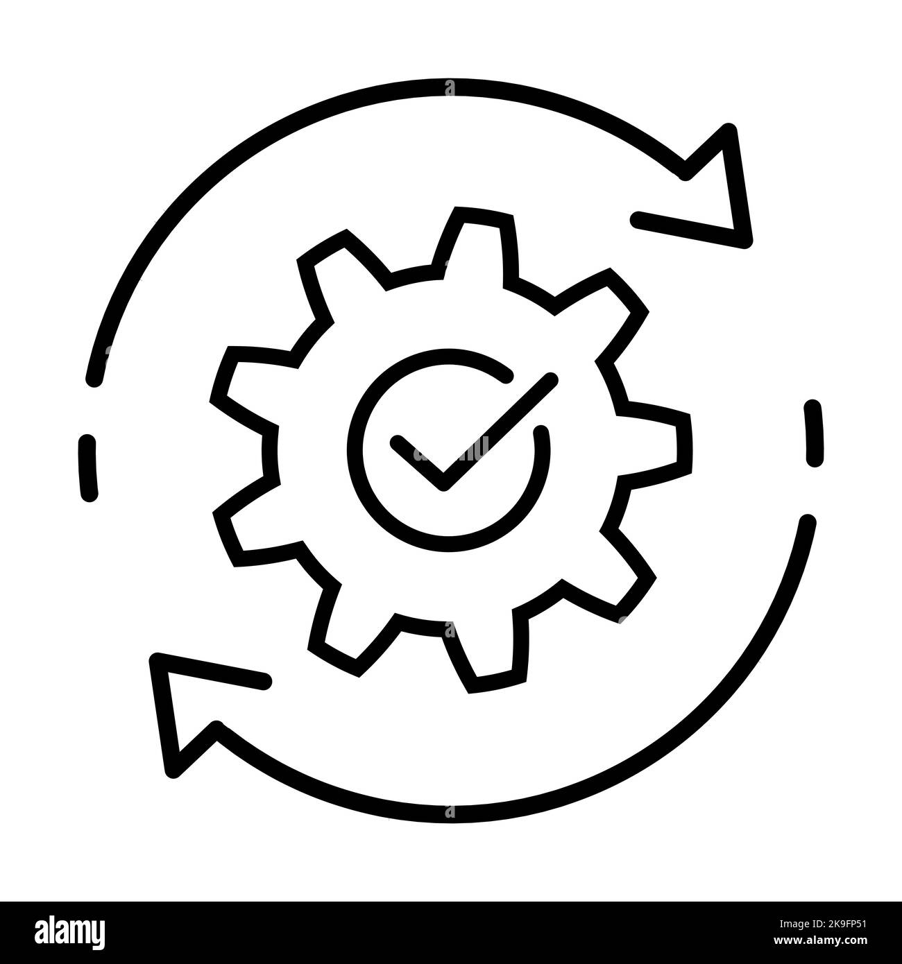 Gear with check mark and arrows thin line icon Stock Vector
