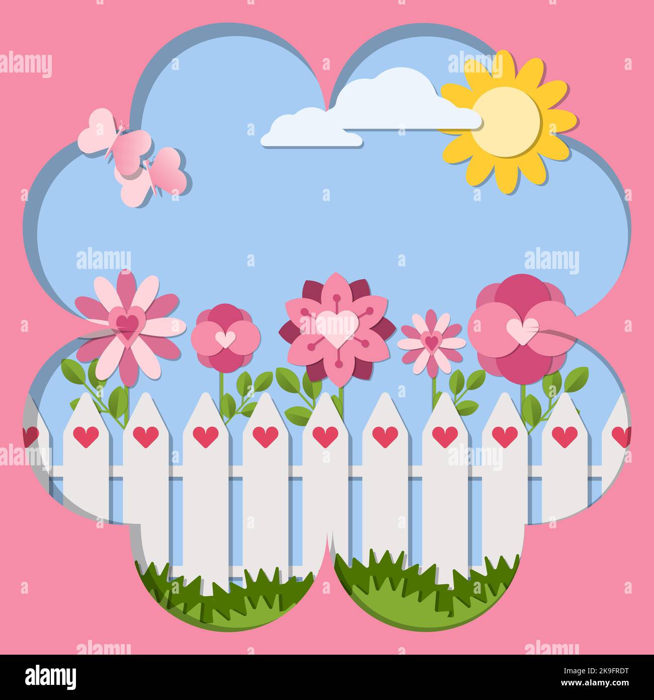 Love postcard paper cutout vector illustrations. White fence with pink flowers and butterflies on blue sky with the sun and white clouds background Stock Vector