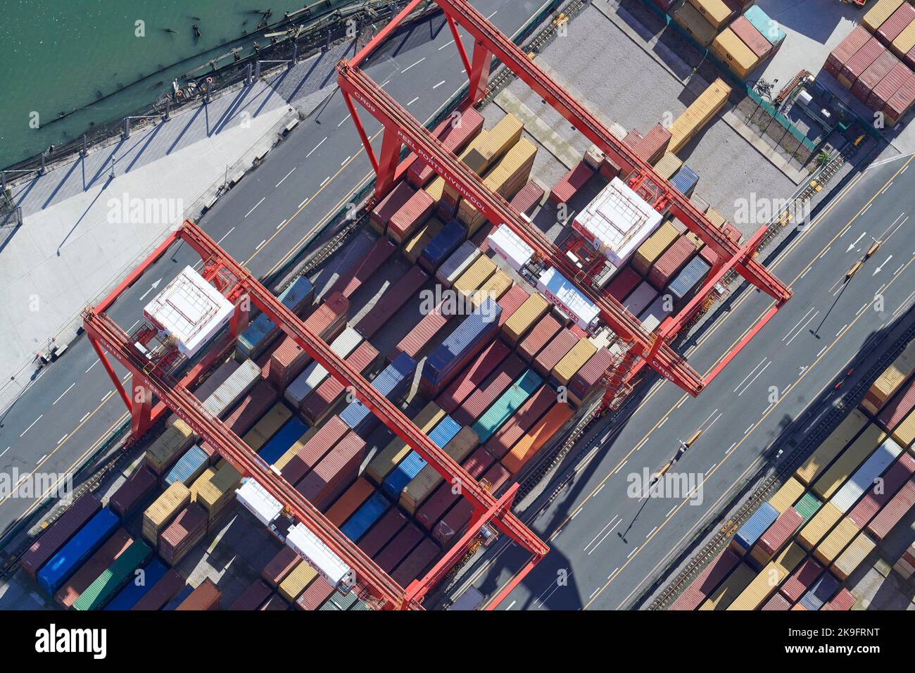 An aerial view of Peel Port at Seaforth Docks, Merseyside, Liverpool, North West England, UK Stock Photo