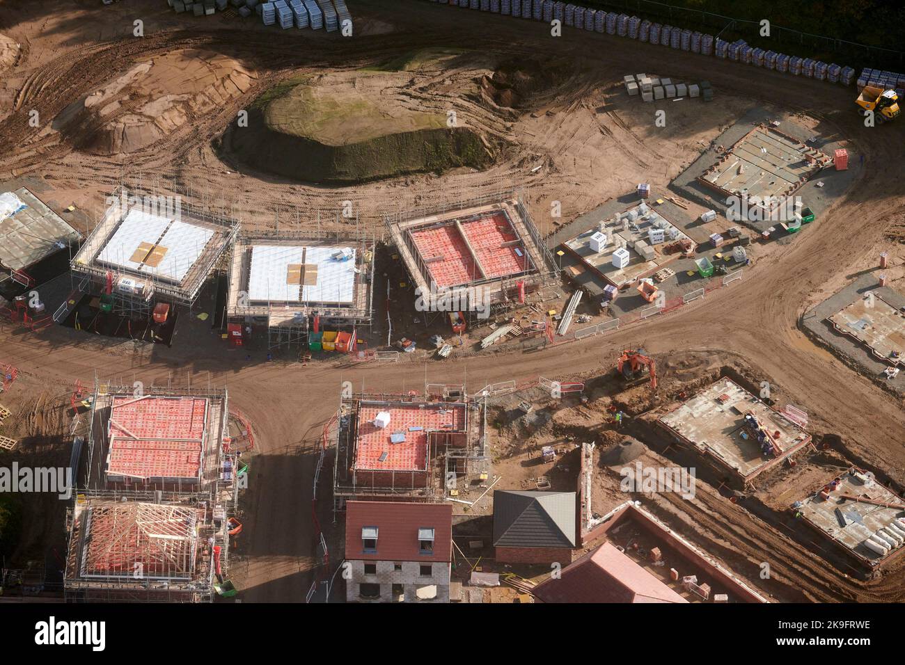 An aerial view of new housing under construction, St Helens, North West