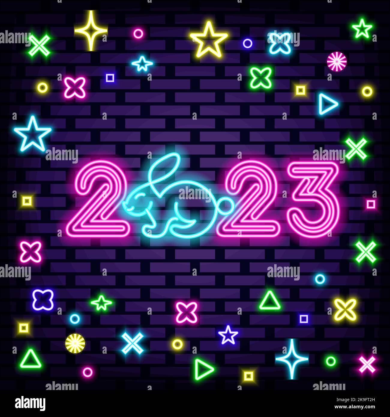 2023 Happy New Year and Merry Christmas Neon sign. On brick wall ...