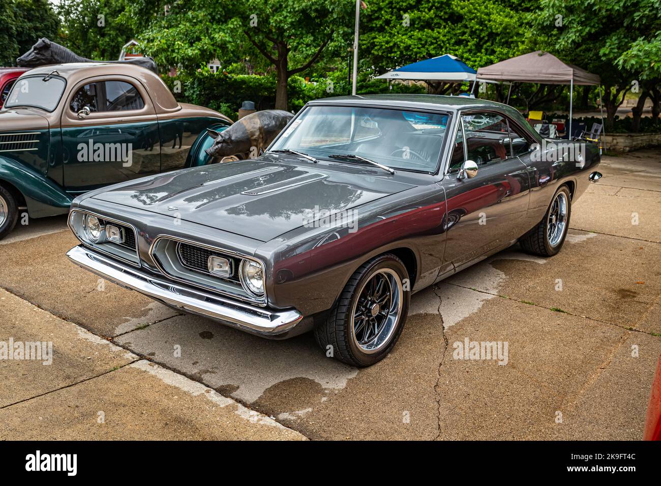 Des Moines, IA - July 01, 2022: High perspective front corner view of a 1967 Plymouth Barracuda 2 Door Hardtop at a local car show. Stock Photo