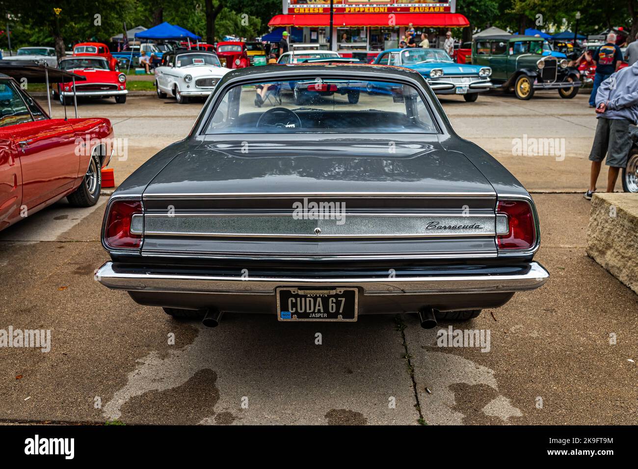 Des Moines, IA - July 01, 2022: High perspective rear view of a 1967 Plymouth Barracuda 2 Door Hardtop at a local car show. Stock Photo