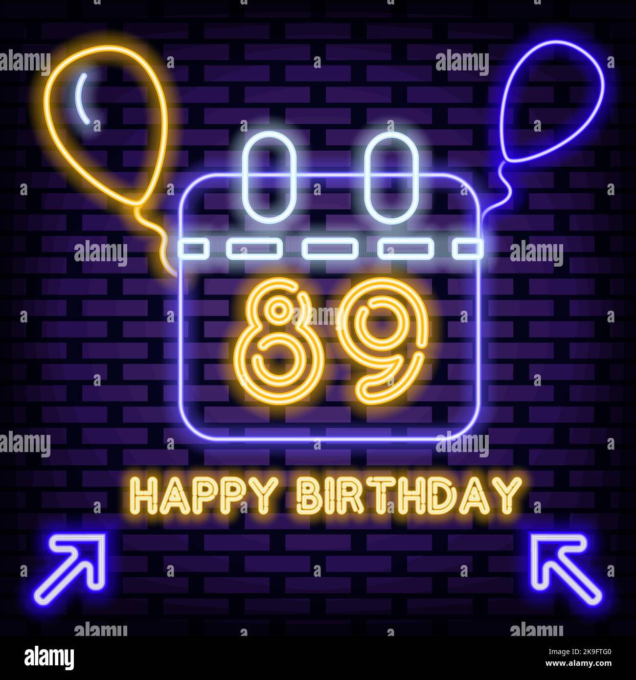89th Happy Birthday 89 Year old Neon Sign Vector. On brick wall background. Light art. Stock Vector