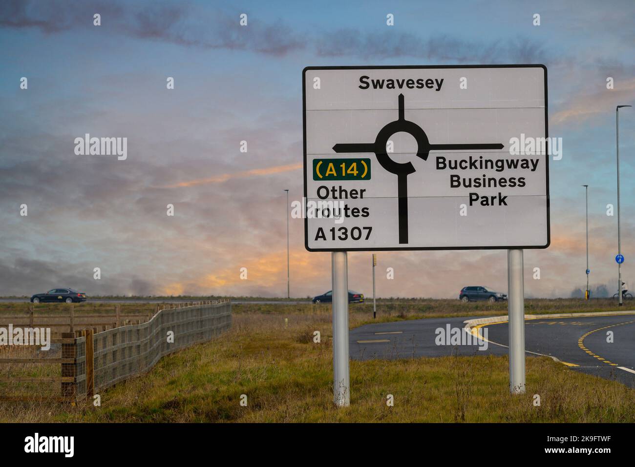 Roundabout sign off the A14 trunk road, Cambridgeshire, England. Stock Photo