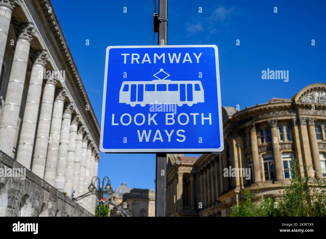 Sign on the West Midlands Metro tram system in Birmingham city centre, England. Stock Photo