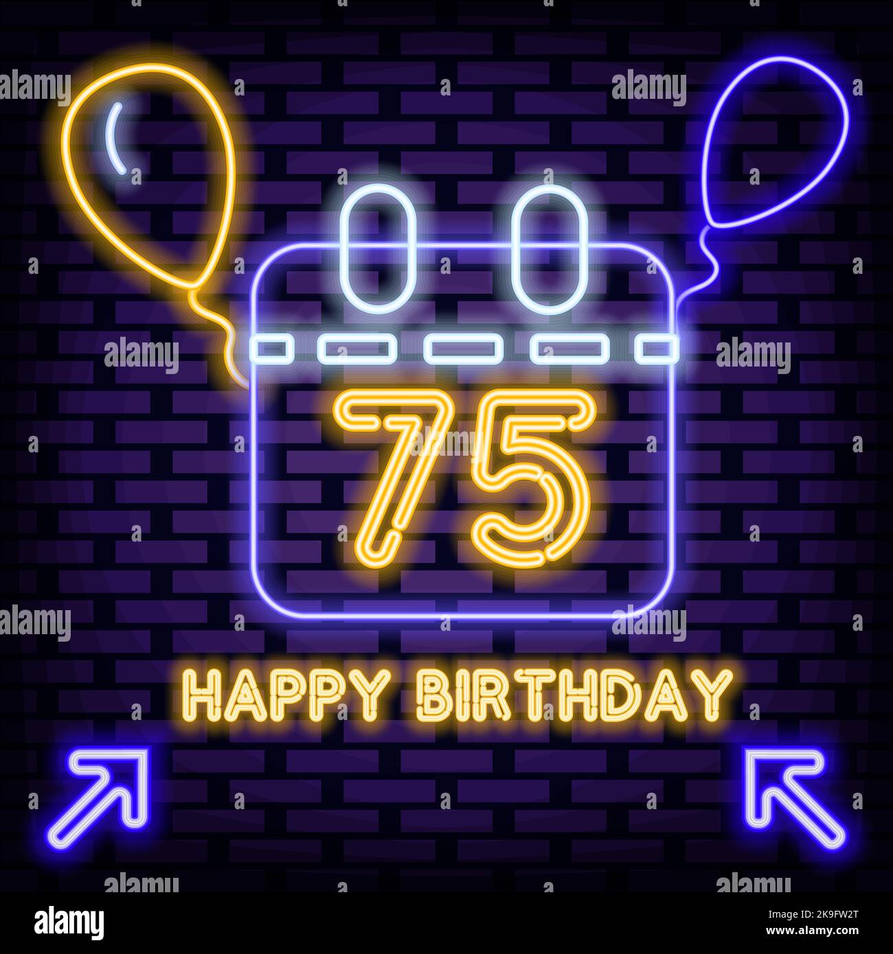 75th Happy Birthday 75 Year old Neon signboards. Neon script. Light