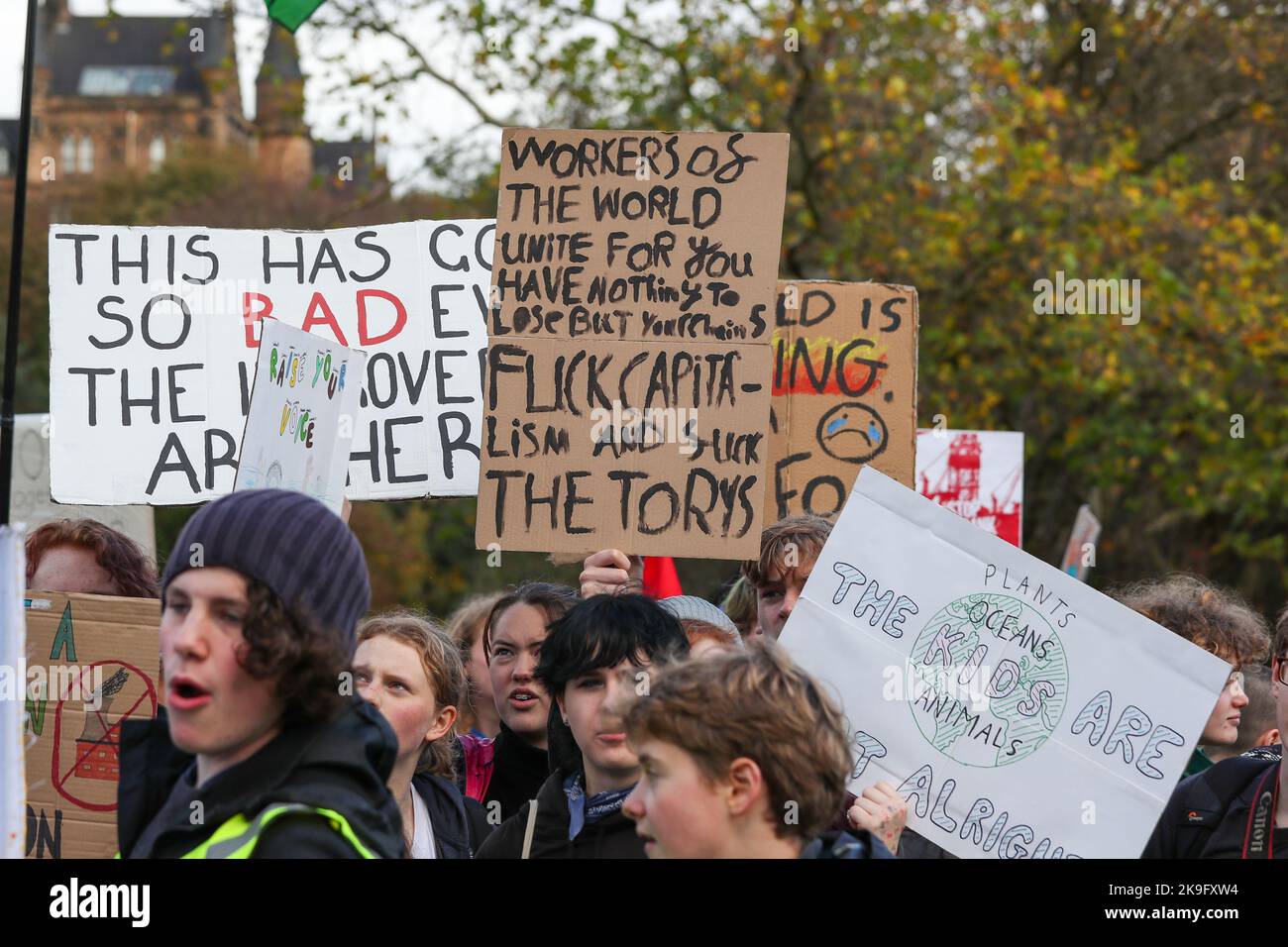 Glasgow, UK. 28th Oct, 2022. Several hundred Climate Activists took part in a demonstration through Glasgow in support of the 'Friday for Future' campaign for climate change. The pressure group, also known as 'Youth Strike 4 Climate' began in 2018 with GRETA THUNBERG and is now a youth led global climate strike movement. Credit: Findlay/Alamy Live News Stock Photo